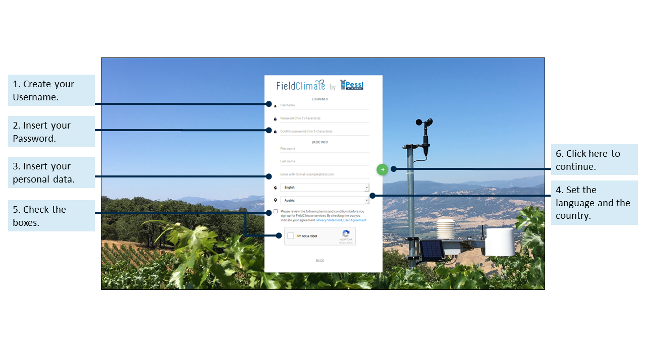 FieldClimate-Registrierung - Schritt zwei
