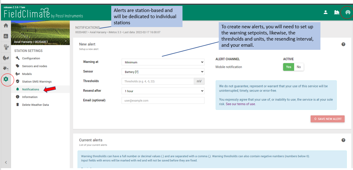 Set up warnings and alarms_fieldclimate manual